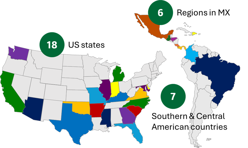 Map of the United States and South and Central America.