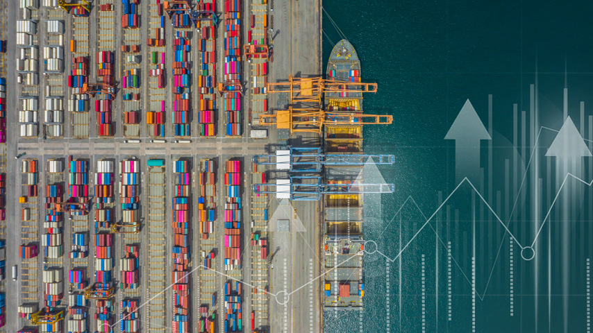 Aerial view of busy shipping port